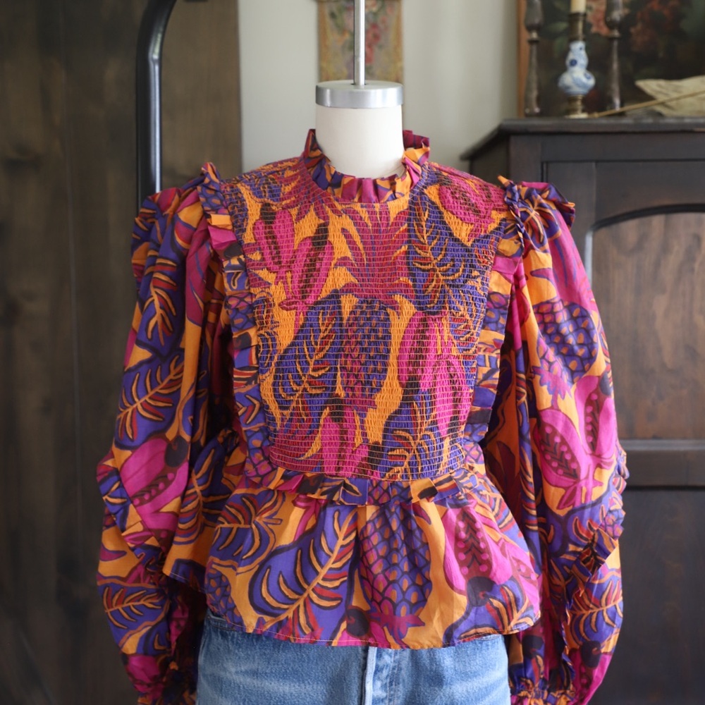 FARM Rio Pink Puff Sleeve Peplum Blouse